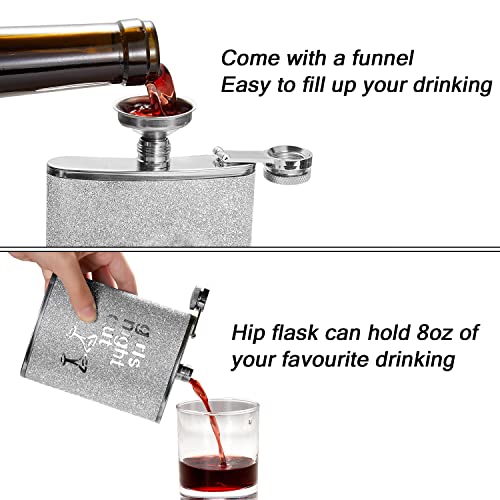 Hillside-Kit Hip Flask for Liquor 8 Oz Stainless Steel Leak proof with Funnel Flask set men flask women flask set (Giltter Silver)