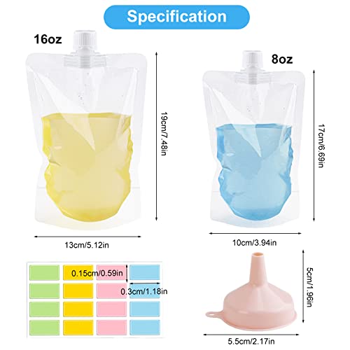 16Pcs Plastic Flask, Concealable and Reusable Cruise Sneak Flask Pouches, SHAIDOJIO Travel Drinking Flask (16 x 8oz, 2 x Funnels, 16 x Label Stickers)