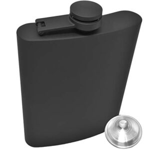Hip Flask for Liquor 8 Ounce Stainless Steel Black Matte Black Hinge Leakproof with Funnel in Black Box for Men and Women by IDALIO