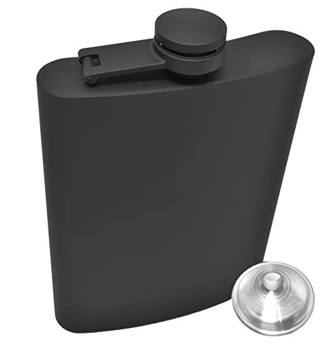 Hip Flask for Liquor 8 Ounce Stainless Steel Black Matte Black Hinge Leakproof with Funnel in Black Box for Men and Women by IDALIO