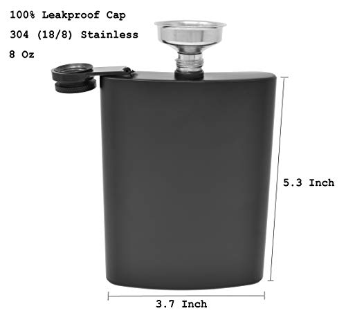 Hip Flask for Liquor 8 Ounce Stainless Steel Black Matte Black Hinge Leakproof with Funnel in Black Box for Men and Women by IDALIO