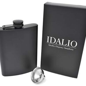 Hip Flask for Liquor 8 Ounce Stainless Steel Black Matte Black Hinge Leakproof with Funnel in Black Box for Men and Women by IDALIO