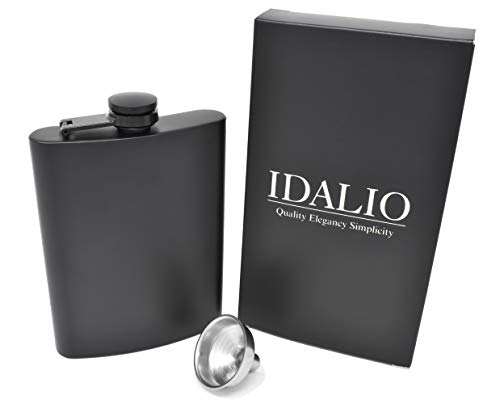 Hip Flask for Liquor 8 Ounce Stainless Steel Black Matte Black Hinge Leakproof with Funnel in Black Box for Men and Women by IDALIO