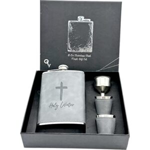 holy water flask gift with 2 cups. 8 oz hip funny flask, stainless steel & stamped leather wrapped style with gift box. christmasgift for men, dad, brother or groom. (holy water)