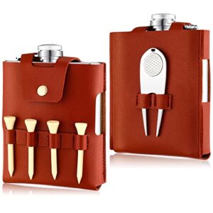 golf flask gift set 7 oz stainless steel golf flask with leather case golf accessories for men and women includes drinking flasks divot tool ball marker and 4 golfer tees