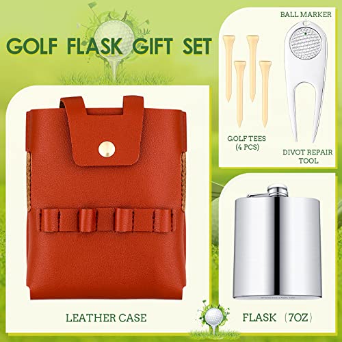 Golf Flask Gift Set 7 oz Stainless Steel Golf Flask with Leather Case Golf Accessories for Men and Women Includes Drinking Flasks Divot Tool Ball Marker and 4 Golfer Tees
