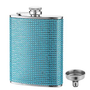 fyl hip flask for liquor, blue glitter flask 8oz with never-lose cap