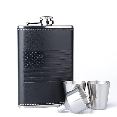 New Scale American Flag Flask Set, 8 Oz Flasks for Liquor for Men with Funnel & 2 Cups , 18/8 Stainless Steel Alcohol Drinking Flask for Men Great Gift Box（Black Leather）