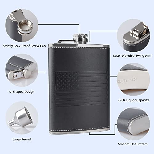 New Scale American Flag Flask Set, 8 Oz Flasks for Liquor for Men with Funnel & 2 Cups , 18/8 Stainless Steel Alcohol Drinking Flask for Men Great Gift Box（Black Leather）