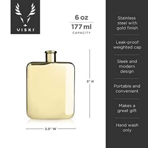 Viski Gold, Stainless Steel Screw Top 14K Plated Liquor Flask for Women and Men, 6 Ounces, Set of 1