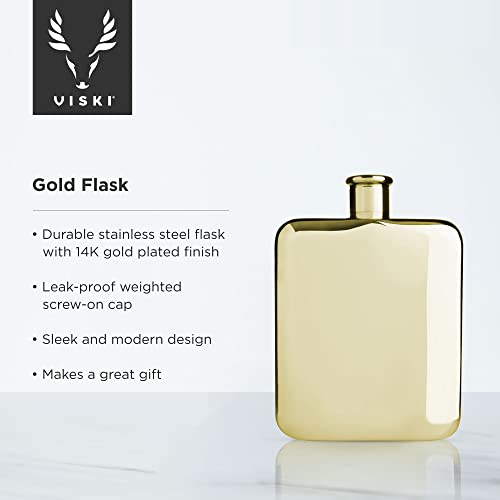 Viski Gold, Stainless Steel Screw Top 14K Plated Liquor Flask for Women and Men, 6 Ounces, Set of 1