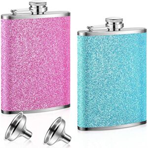 2 pieces 8 oz stainless steel colorful glitter hip flask alcohol liquor flask with funnel set, colorful glitter coating for women