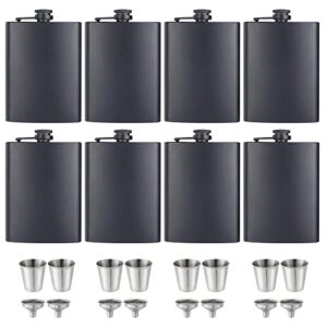 8 pack hip flasks for liquor matte black 8 oz stainless steel leak-proof thin flasks with 8pcs funnels and cups for wedding party, groomsman, bridesmaid, gift
