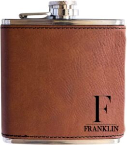 personalized flask for wedding gift. customized flask gift set. engraved leatherette flask with optional gift box for groomsmen gifts. engraved flask (rawhide)