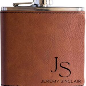 Personalized Flask For Wedding Gift. Customized Flask Gift Set. Engraved Leatherette Flask With Optional Gift Box For Groomsmen Gifts. Engraved Flask (Rawhide)