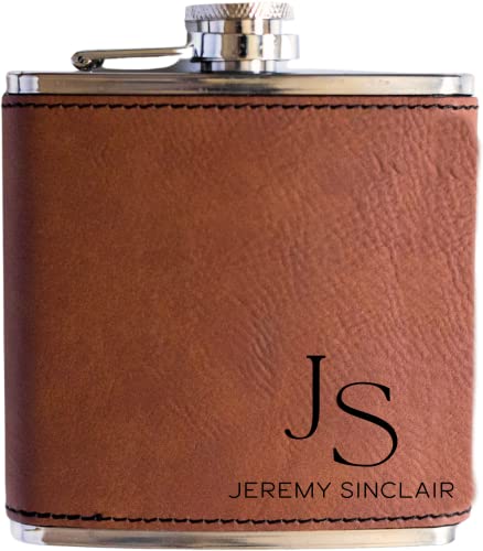 Personalized Flask For Wedding Gift. Customized Flask Gift Set. Engraved Leatherette Flask With Optional Gift Box For Groomsmen Gifts. Engraved Flask (Rawhide)