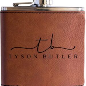 Personalized Flask For Wedding Gift. Customized Flask Gift Set. Engraved Leatherette Flask With Optional Gift Box For Groomsmen Gifts. Engraved Flask (Rawhide)