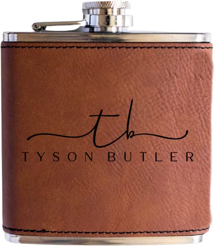 Personalized Flask For Wedding Gift. Customized Flask Gift Set. Engraved Leatherette Flask With Optional Gift Box For Groomsmen Gifts. Engraved Flask (Rawhide)