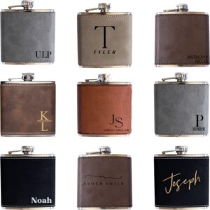 Personalized Flask For Wedding Gift. Customized Flask Gift Set. Engraved Leatherette Flask With Optional Gift Box For Groomsmen Gifts. Engraved Flask (Rawhide)