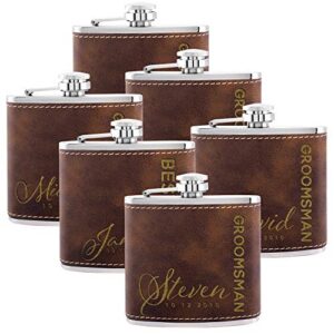 personalized flask for wedding groomsmen gift, customized flask set free personalization – laser engraved – design -6 (leatherette, 6)