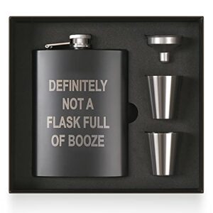 funny hip flask gift set, funny flask for liquor, drinking flask, definitely not a flask full of booze, 8 ounce, 304 stainless steel with 2 cups and funnel, laser engraved (definitely not)