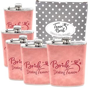 bridesmaids proposal gift for wedding, stainless steel & leather flask 8 oz, leakproof & stamped with team bride. for bachelorette party favors or bridesmaids gift boxes. (sand pink, 5)