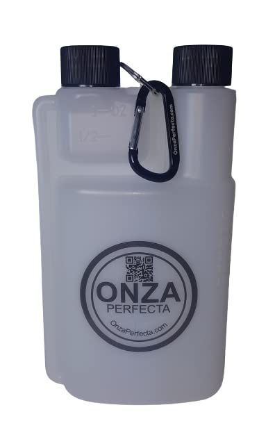 Onza Perfecta 16 oz Plastic flask for liquor hidden with 1 ounce shot glass dosage chamber (16 oz / 473 ml). Included carabiner.