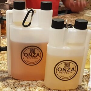 Onza Perfecta 16 oz Plastic flask for liquor hidden with 1 ounce shot glass dosage chamber (16 oz / 473 ml). Included carabiner.