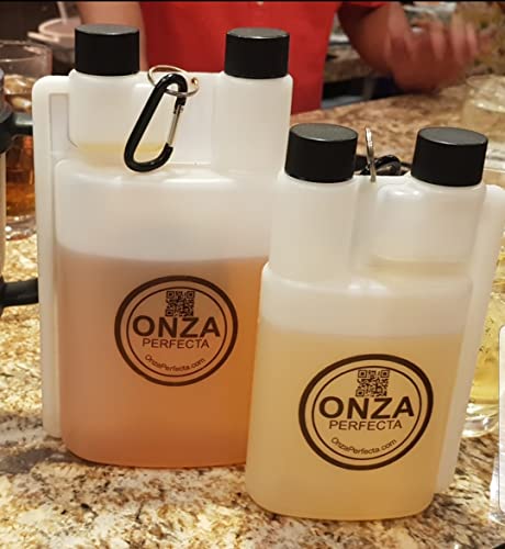 Onza Perfecta 16 oz Plastic flask for liquor hidden with 1 ounce shot glass dosage chamber (16 oz / 473 ml). Included carabiner.