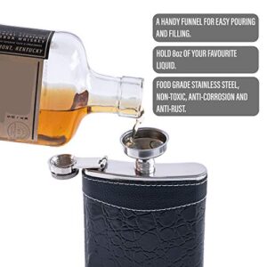 Hip flask, Men's Flask for Liquor, 304 Stainless Steel 8 oz with Funnel, Leak Proof, Slim, Classic, Leather, Black, Perfect For Travel, Camping, Hiking, Drinking Gift for Fathers Best Man