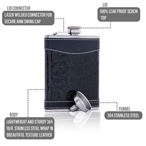 Hip flask, Men's Flask for Liquor, 304 Stainless Steel 8 oz with Funnel, Leak Proof, Slim, Classic, Leather, Black, Perfect For Travel, Camping, Hiking, Drinking Gift for Fathers Best Man