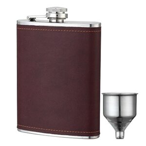ywq 8oz stainless steel brown pu leather flask , heavy duty hip flask gift set ,includes funnel and gift box