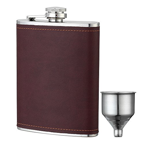 YWQ 8oz Stainless Steel Brown PU Leather Flask , Heavy Duty Hip Flask Gift Set ,Includes Funnel and Gift Box