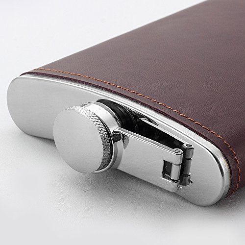 YWQ 8oz Stainless Steel Brown PU Leather Flask , Heavy Duty Hip Flask Gift Set ,Includes Funnel and Gift Box