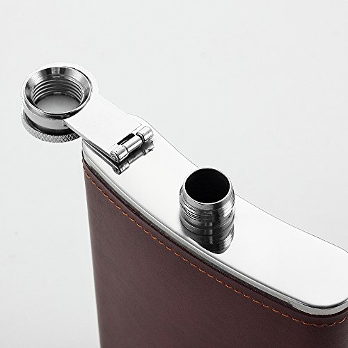 YWQ 8oz Stainless Steel Brown PU Leather Flask , Heavy Duty Hip Flask Gift Set ,Includes Funnel and Gift Box