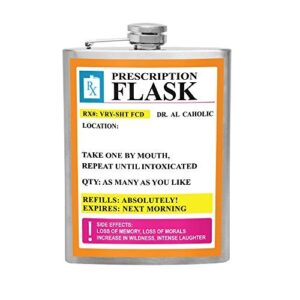 stainless steel flask ‘rx prescription’ spirit hip flask 8 oz funny unique novelty flasks for men & women, best bachelor party great gag gifts for vodka, whiskey, tequila
