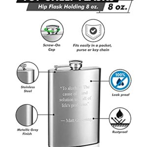 Hip Flask Holding 8 oz - Metallic Grey, Stainless Steel, Laser Welded, Leakproof, Powdercoated Rustproof Finish