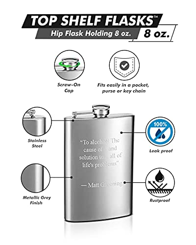 Hip Flask Holding 8 oz - Metallic Grey, Stainless Steel, Laser Welded, Leakproof, Powdercoated Rustproof Finish