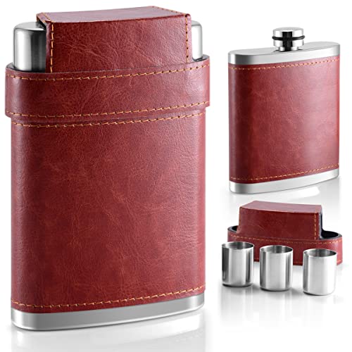 ULTRGEE Hip Flask, Leakproof Flasks [8oz] with 3 Cups, Men’s Gift Flask for Whisky Liquor Spirits Adopted Stainless Steel & Brown PU Leather