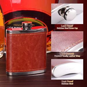 ULTRGEE Hip Flask, Leakproof Flasks [8oz] with 3 Cups, Men’s Gift Flask for Whisky Liquor Spirits Adopted Stainless Steel & Brown PU Leather