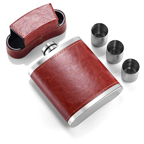 ULTRGEE Hip Flask, Leakproof Flasks [8oz] with 3 Cups, Men’s Gift Flask for Whisky Liquor Spirits Adopted Stainless Steel & Brown PU Leather