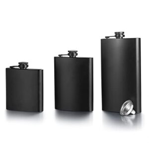 vethwal 6oz, 8oz, 12oz stainless steel black hip flask set leakproof flask with free bonus funnel great groommans or bridal wedding gift, set of 3
