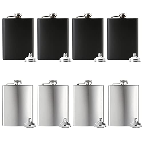 Tebery 8 Pack Hip Flasks with Free Bonus Funnel, 8OZ Stainless Steel Leakproof Flask, Great Groommans or Bridal Wedding Gift