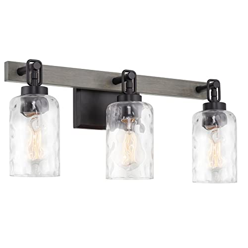 Kira Home Ashland 23.5" 3-Light Farmhouse Bathroom/Vanity Light + Hammered Glass Shades, Gray Oak Wood Style + Black Finish