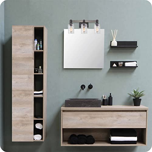 Kira Home Ashland 23.5" 3-Light Farmhouse Bathroom/Vanity Light + Hammered Glass Shades, Gray Oak Wood Style + Black Finish