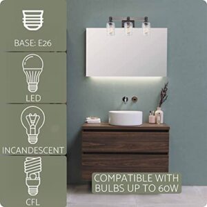 Kira Home Ashland 23.5" 3-Light Farmhouse Bathroom/Vanity Light + Hammered Glass Shades, Gray Oak Wood Style + Black Finish