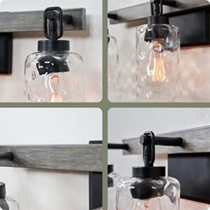 Kira Home Ashland 23.5" 3-Light Farmhouse Bathroom/Vanity Light + Hammered Glass Shades, Gray Oak Wood Style + Black Finish