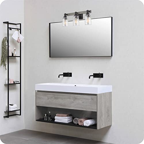 Kira Home Ashland 23.5" 3-Light Farmhouse Bathroom/Vanity Light + Hammered Glass Shades, Gray Oak Wood Style + Black Finish