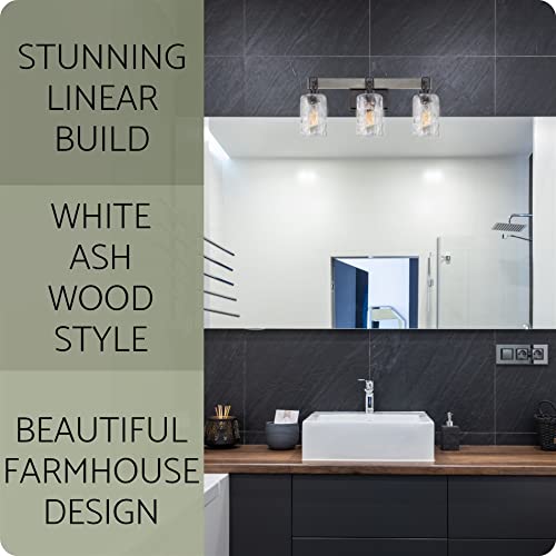 Kira Home Ashland 23.5" 3-Light Farmhouse Bathroom/Vanity Light + Hammered Glass Shades, Gray Oak Wood Style + Black Finish