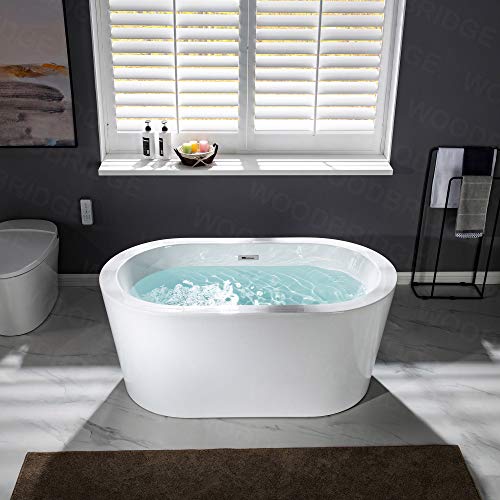 WOODBRIDGE 56" Acrylic Freestanding Bathtub Contemporary Soaking White Tub with Chrome Overflow and Drain，B0088--C--Drain&O